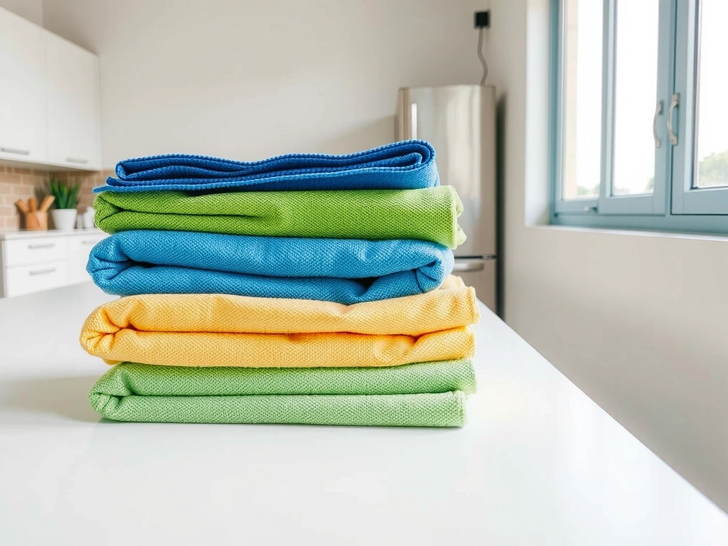 Renk kodlu temizlik bezleri düzenli şekilde istiflenmiş.